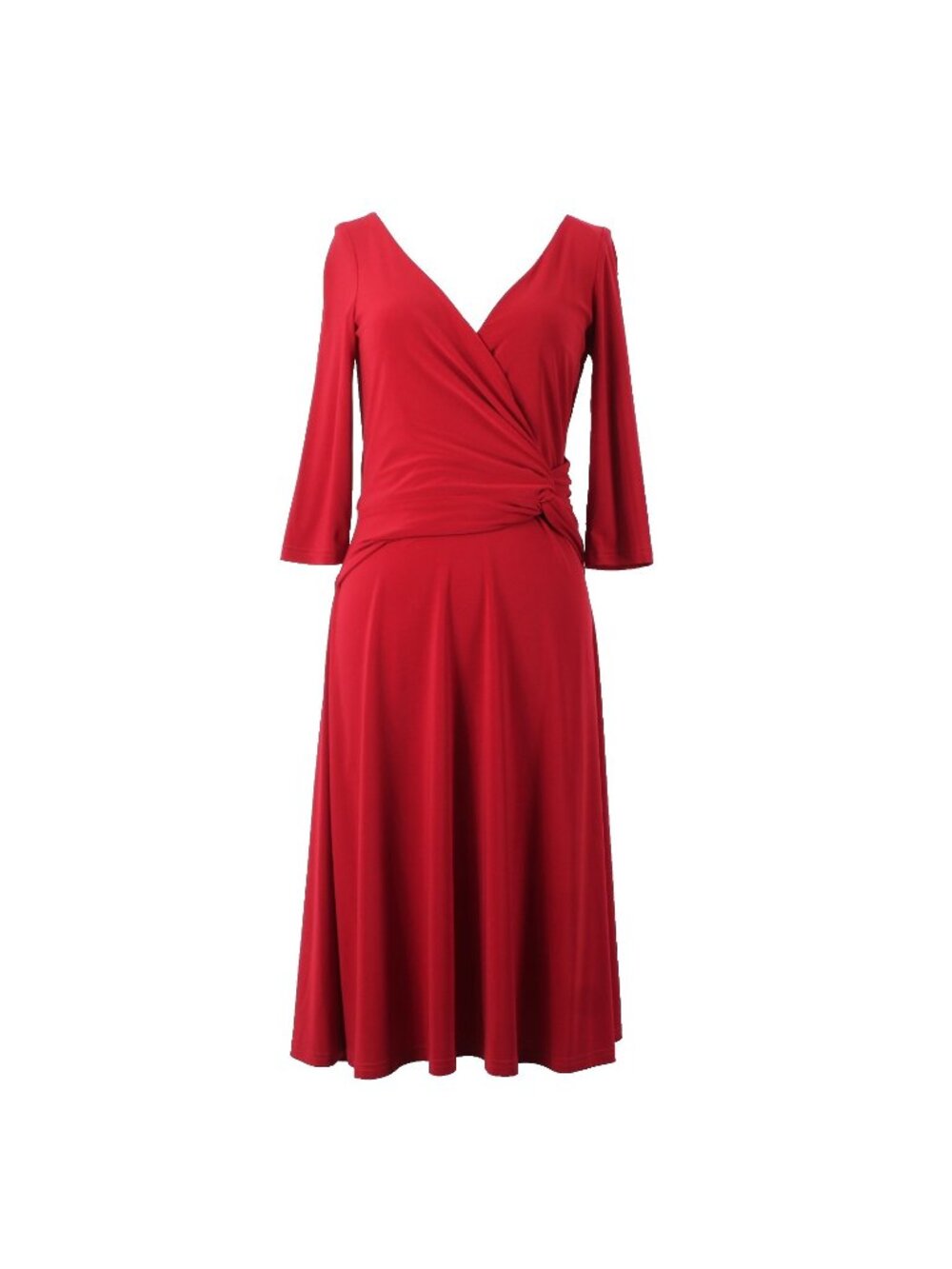 Joseph Ribkoff Dress Sz 6 Red V Neck 3/4 Sleeve Fit Flare Faux Wrap Poly Dress